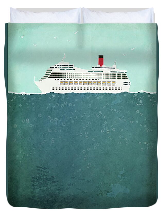 Concepts & Topics Duvet Cover featuring the digital art Illustration Of Cruise Ship Sailing On by Malte Mueller
