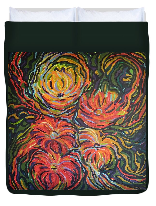 Zinnias Duvet Cover featuring the painting In full bloom by Zofia Kijak