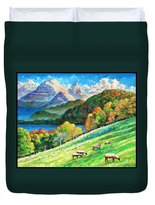 Mountains Duvet Cover featuring the painting In God's Green Pastures by John Lautermilch