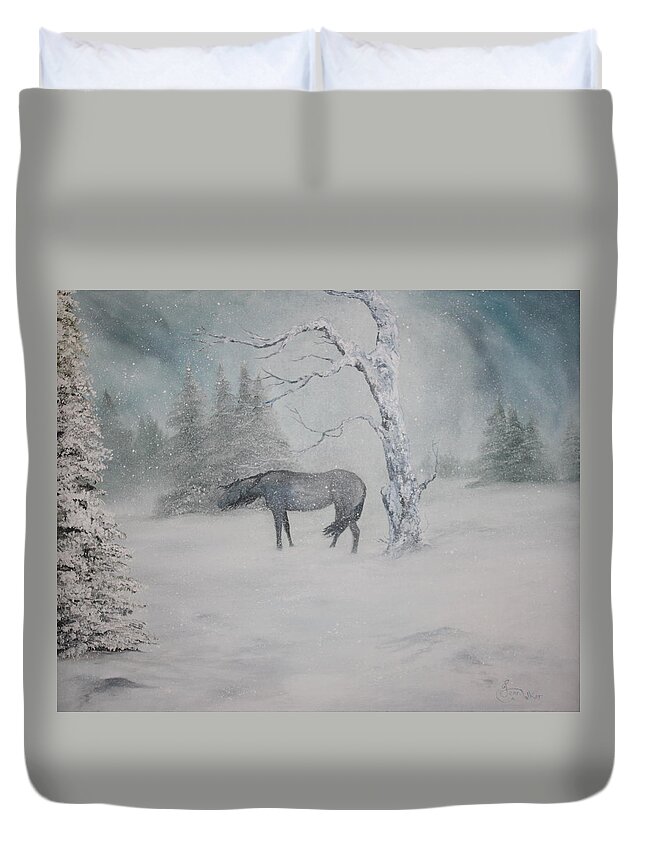 Grey Horse Duvet Cover featuring the painting In Need of Shelter by Jean Walker