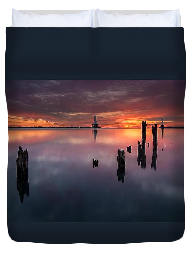 Port Washington Wisconsin Sunrise Dawn Long Exposure Morning Lake Michigan Duvet Cover featuring the photograph In Port by Josh Eral