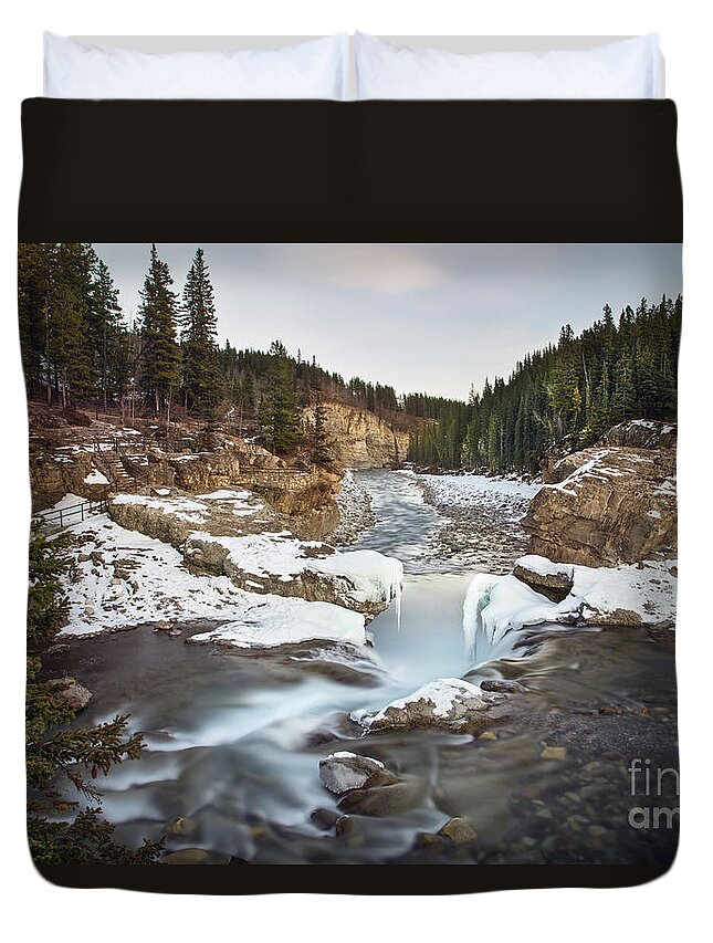Elbow Falls Duvet Cover featuring the photograph In The Frosty Forests by Evelina Kremsdorf