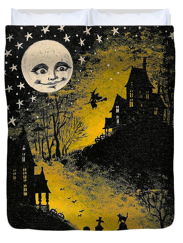 Print Duvet Cover featuring the painting In the Halloween Moonlight by Margaryta Yermolayeva