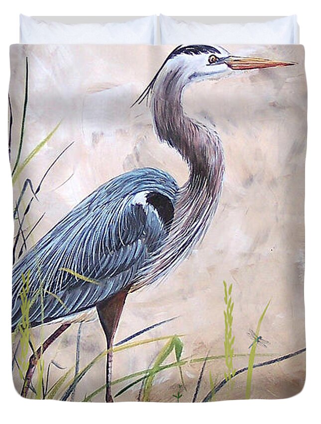 Heron Duvet Cover featuring the painting In the Reeds-Blue Heron-A by Jean Plout