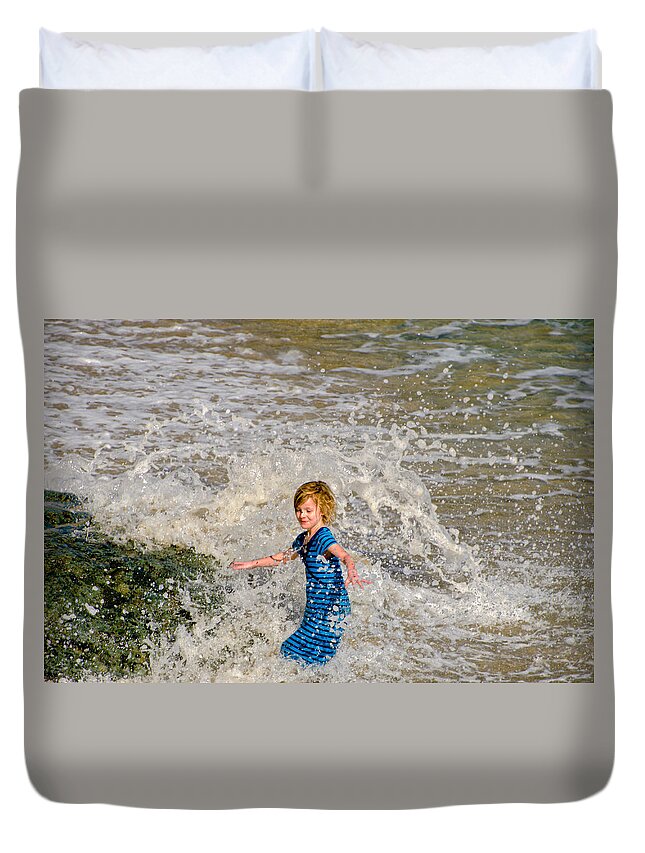 Child Duvet Cover featuring the photograph In the Surf by Evelyn Harrison