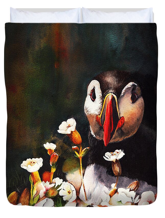 Puffin Duvet Cover featuring the painting In Your Face by Peter Williams