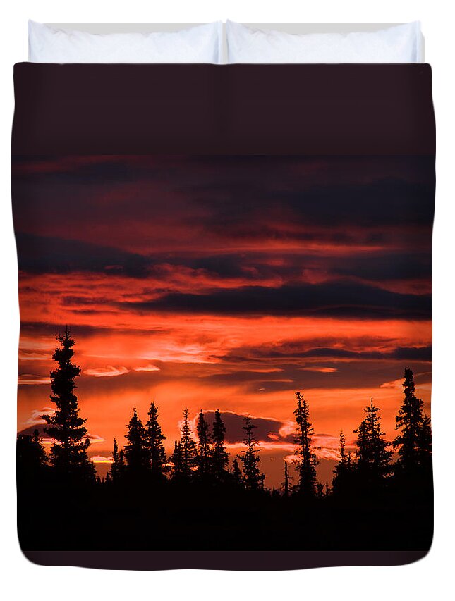 Sunrise Photography Duvet Cover featuring the photograph Incredible red clouds over Denali by Jeff Folger
