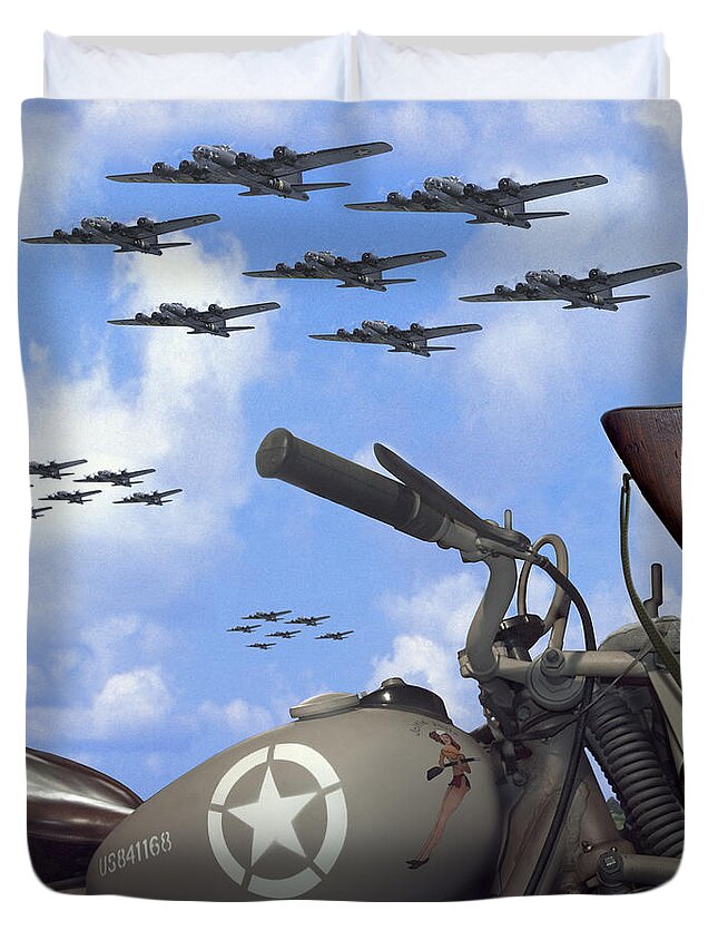 Ww2 Duvet Cover featuring the photograph Indian 841 And The B-17 Bomber SQ by Mike McGlothlen