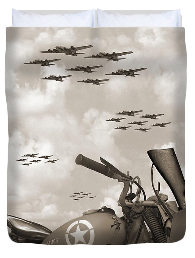 Ww2 Duvet Cover featuring the photograph Indian 841 And The B-17 Panoramic Sepia by Mike McGlothlen