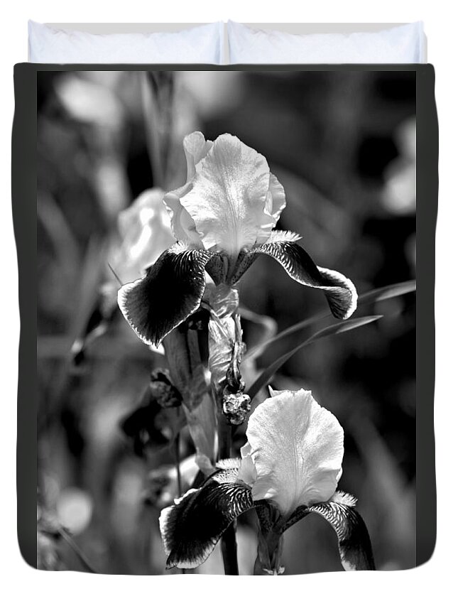 Iris Flower Duvet Cover featuring the photograph IRIS in Black and White by Karon Melillo DeVega