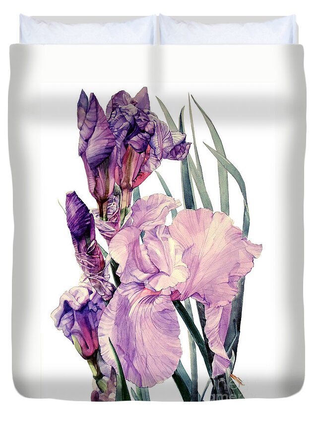 Watercolor Duvet Cover featuring the painting Watercolor of an elegant Tall Bearded Iris in pink and purple I call Iris Joan Sutherland by Greta Corens