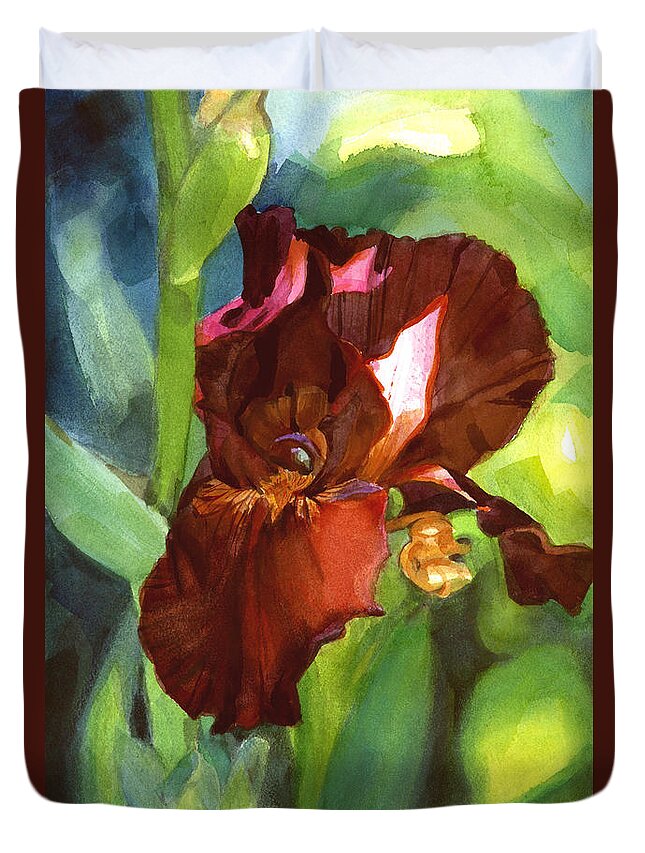 Watercolor Duvet Cover featuring the painting Watercolor of a tall Iris in Burgundy Red by Greta Corens