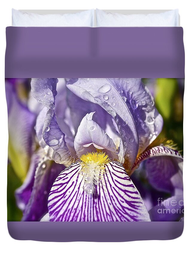 Iris Duvet Cover featuring the photograph Iris with Raindrops by Linda Bianic