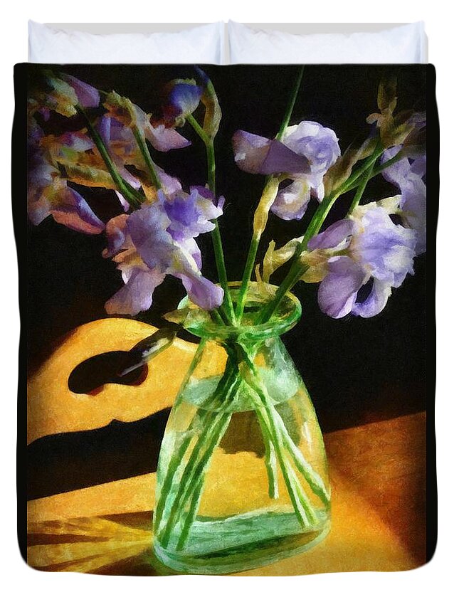 Still Life Duvet Cover featuring the photograph Irises in Morning Light by Michelle Calkins