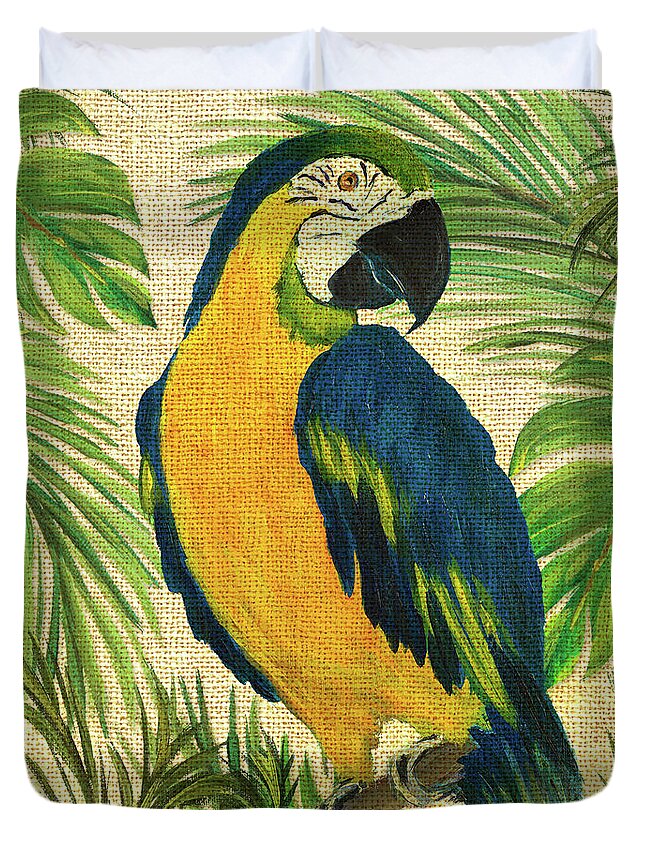 Island Duvet Cover featuring the painting Island Birds Square On Burlap II by Julie Derice