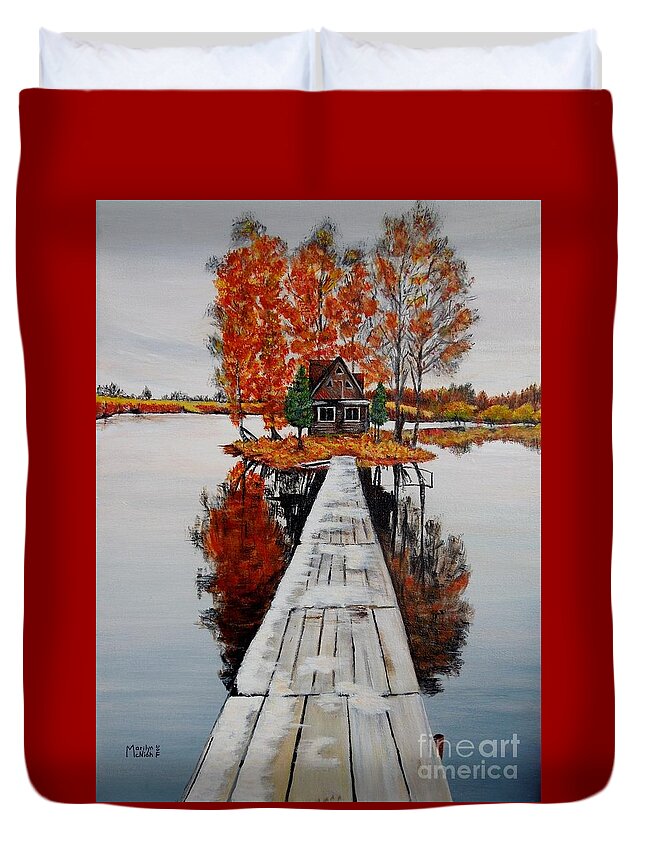 Cabin Duvet Cover featuring the painting Island Cabin by Marilyn McNish