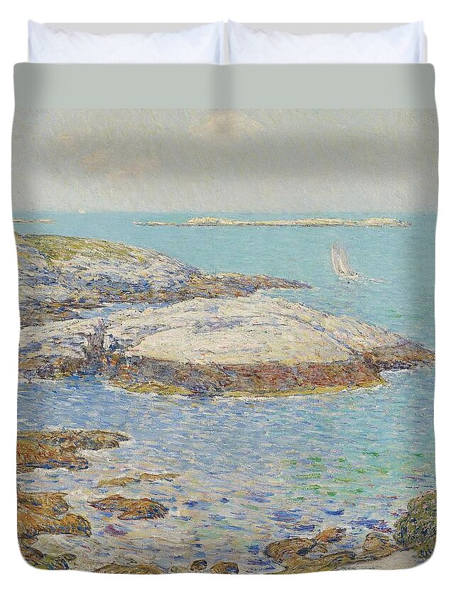 New England; America; American; Landscape; View; Coast; Coastal; Seascape; Us; Usa; United States; New Hampshire; Maine; Summer; Summertime; Isles Of Shoals; Island; Islands; Sailing Boat; Sails; Lighthouse; Rocks; Rocky; Shore; Shoreline; Impressionism; Impressionist; Sea Duvet Cover featuring the painting Isles of Shoals by Childe Hassam