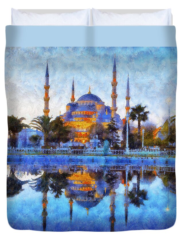 Istanbul Blue Mosque Duvet Cover featuring the painting Istanbul Blue Mosque by Lilia D