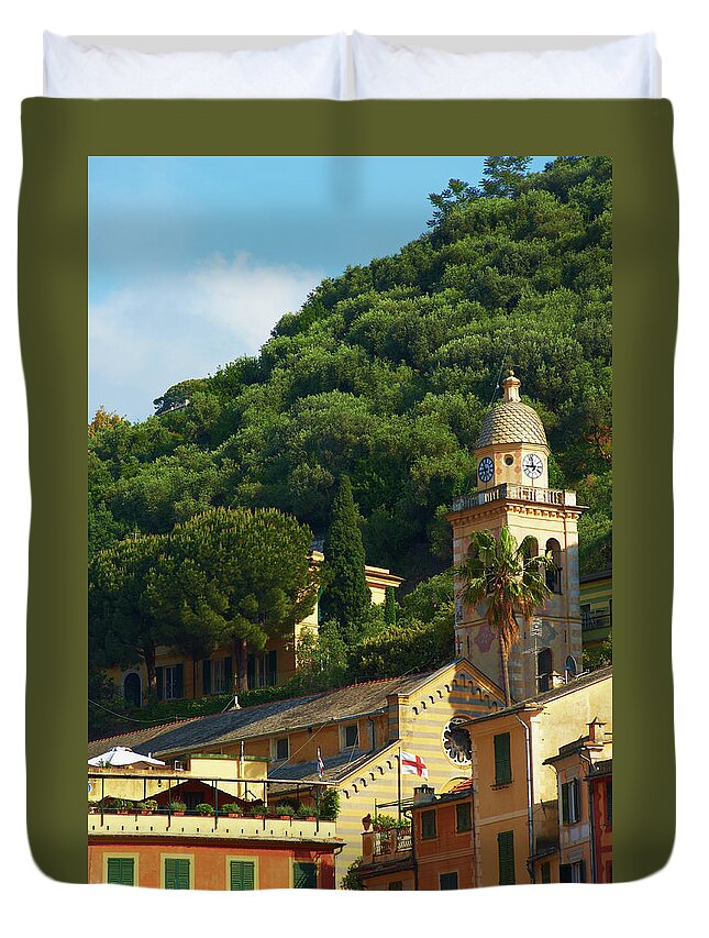 Tranquility Duvet Cover featuring the photograph Italian Belltower In Portofino by Roman Makhmutov