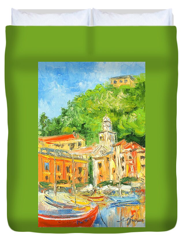 Portofino Duvet Cover featuring the painting Italy - Portofino by Luke Karcz