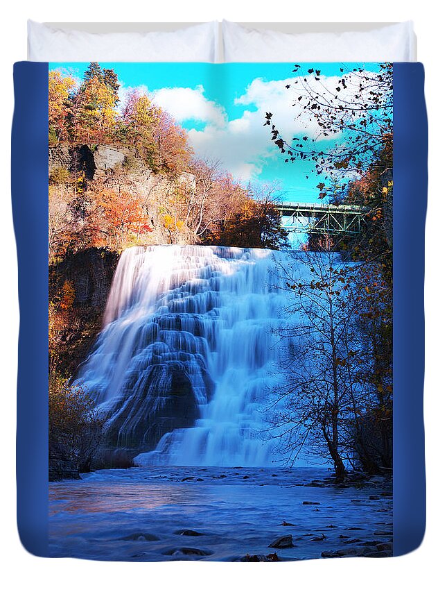 Ithaca Duvet Cover featuring the photograph Ithaca water falls New York Panoramic photography by Paul Ge