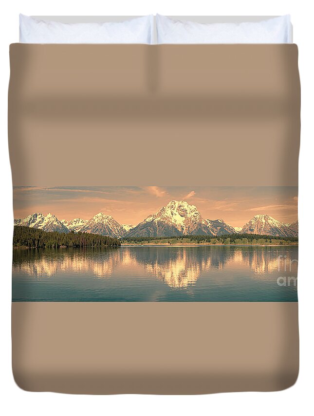 Panorama Duvet Cover featuring the photograph Jackson Lake Sunrise - Grand Teton by Sandra Bronstein