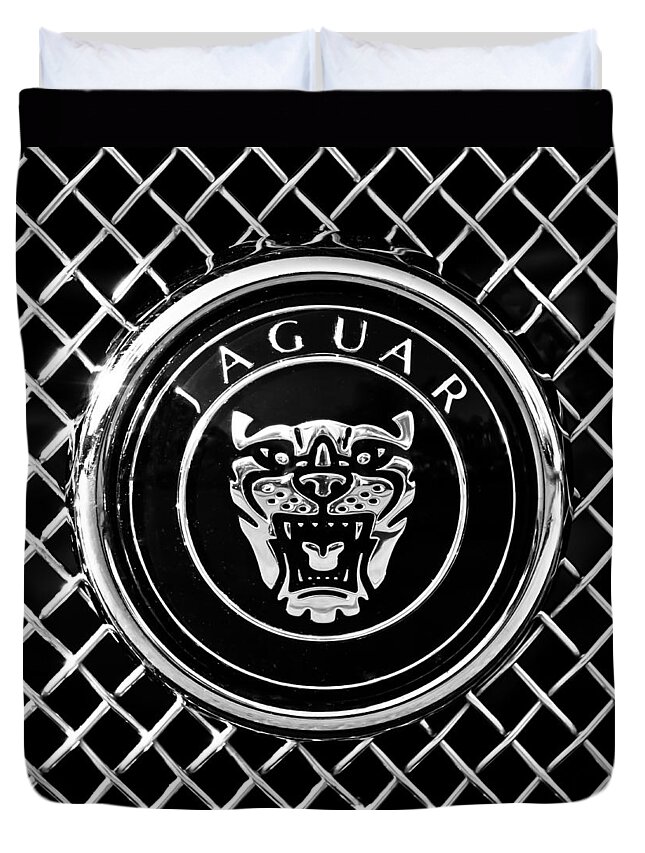 Jaguar Grille Emblem Duvet Cover featuring the photograph Jaguar Grille Emblem -0317bw by Jill Reger