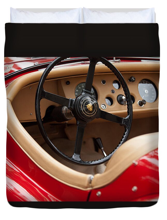 Jaguar Duvet Cover featuring the photograph Jaguar Steering Wheel by Jill Reger