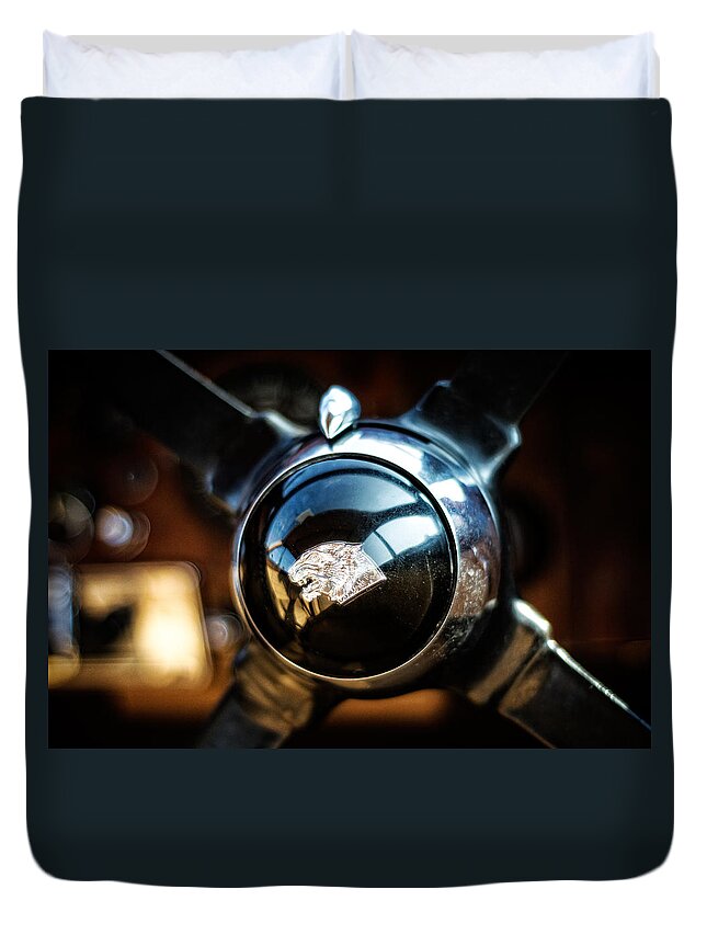 Transport Duvet Cover featuring the photograph Jaguar Steering Wheel by Spikey Mouse Photography
