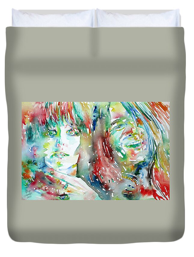 Janis Duvet Cover featuring the painting JANIS JOPLIN and GRACE SLICK watercolor PORTRAIT.1 by Fabrizio Cassetta