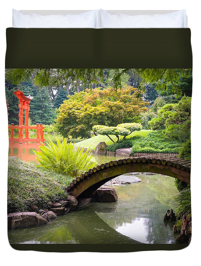 Japanese Duvet Cover featuring the photograph Japanese Garden - Footbridge over the Pond - Gary Heller by Gary Heller