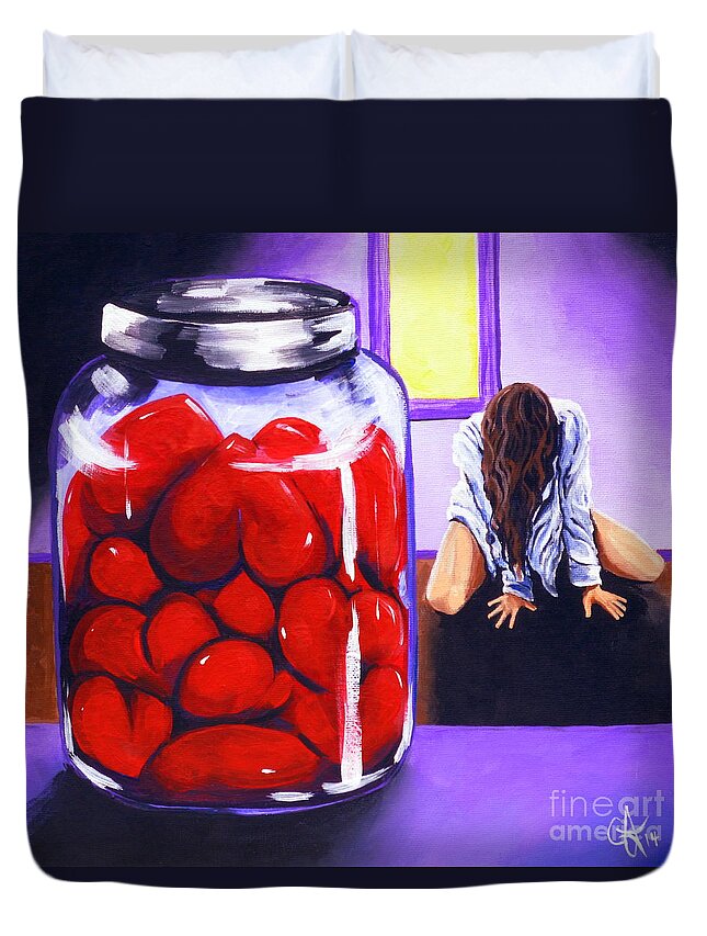 Hearts Duvet Cover featuring the painting Jar Of Hearts Broken Heart Love Sadness Ache by Jackie Carpenter