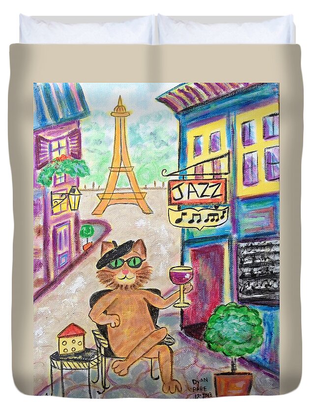Sidewalk Cafe' Duvet Cover featuring the painting Jazz Cat by Diane Pape