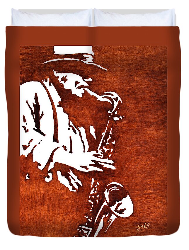 Jazz Player Duvet Cover featuring the painting Jazz saxofon player coffee painting by Georgeta Blanaru