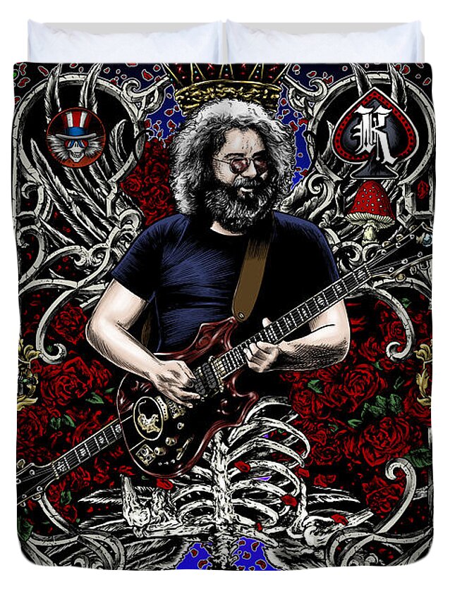 Jerry Garcia Duvet Cover featuring the drawing Jerry Card by Gary Kroman