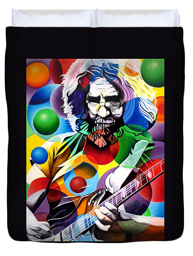 Jerry Garcia Duvet Cover featuring the painting Jerry Garcia in Bubbles by Joshua Morton