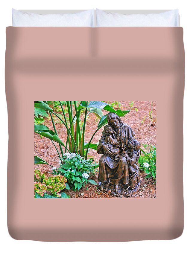 Jesus With Children Garden Sculpture Duvet Cover featuring the photograph Jesus with Child Garden Sculpture by Ginger Wakem