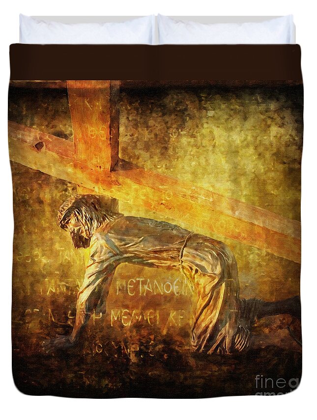 Jesus Duvet Cover featuring the digital art Jesus Falls Again Via Dolorosa 7 by Lianne Schneider