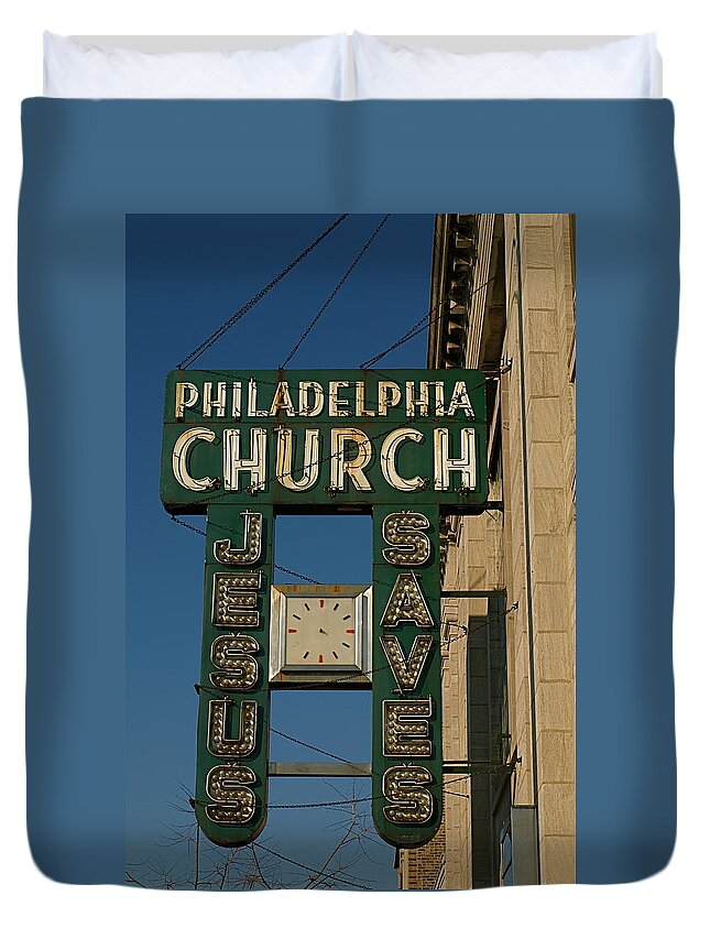 Philadelphia Church Duvet Cover featuring the photograph Jesus Saves by Gia Marie Houck
