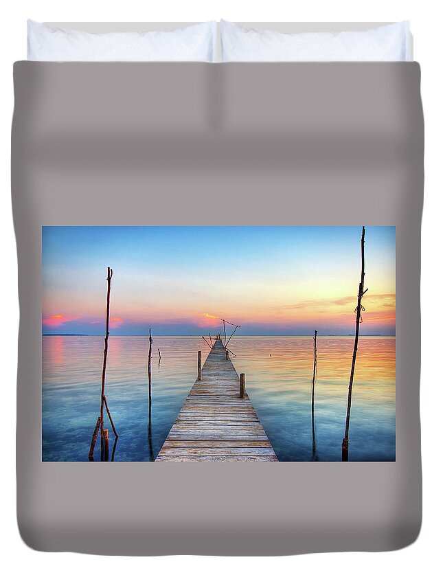 Tranquility Duvet Cover featuring the photograph Jetty At Sunset by Jimmy Mcintyre