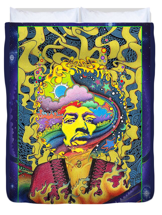 Jimi Hendrix Duvet Cover featuring the painting Jimi Hendrix Rainbow King by Jeff Hopp