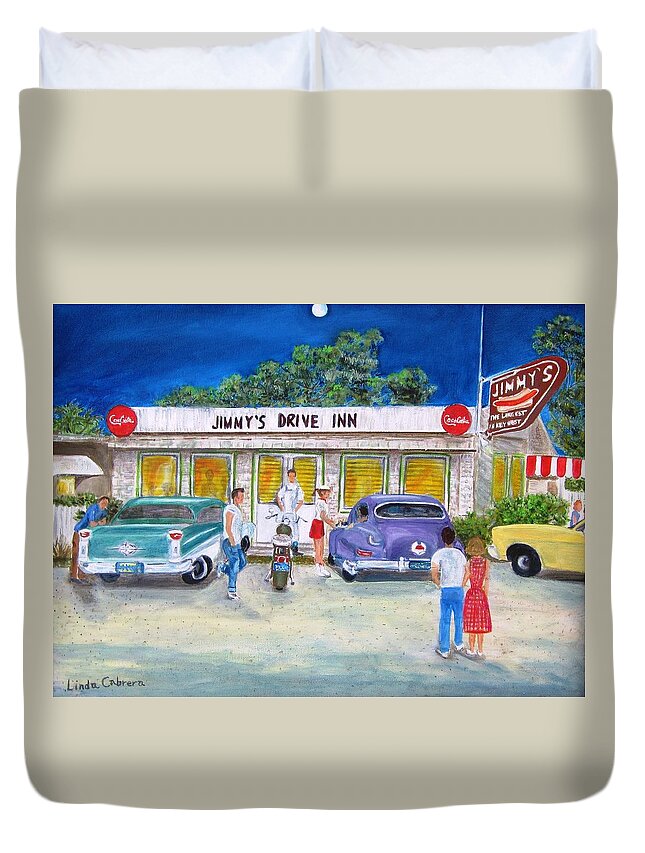 Landscape Duvet Cover featuring the painting Jimmy's Drive Inn by Linda Cabrera