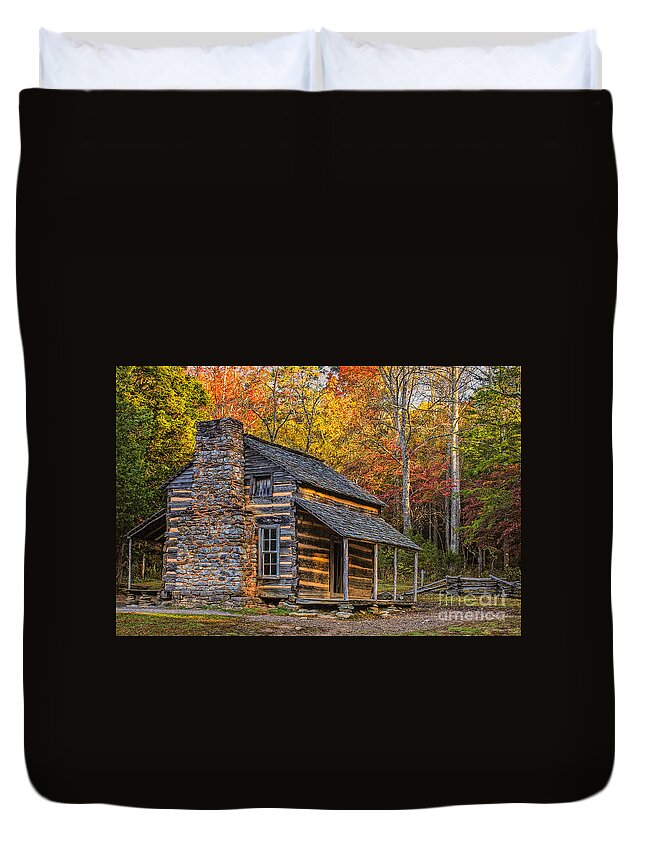 John Oliver's Cabin In Great Smoky Mountains Duvet Cover featuring the photograph John Oliver's Cabin in Great Smoky Mountains by Priscilla Burgers