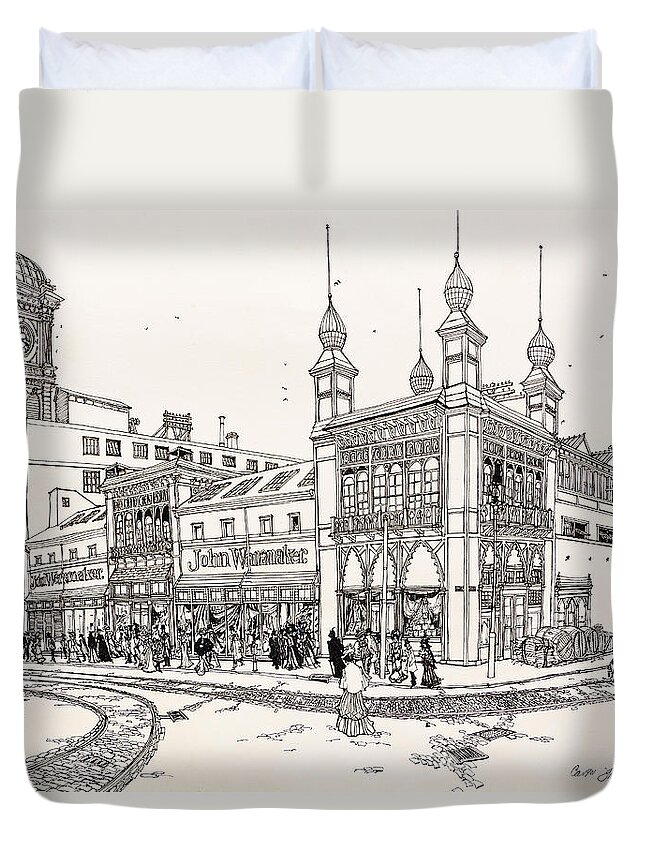 Old Philadelphia Duvet Cover featuring the drawing John Wanamaker's Grand Depot by Ira Shander