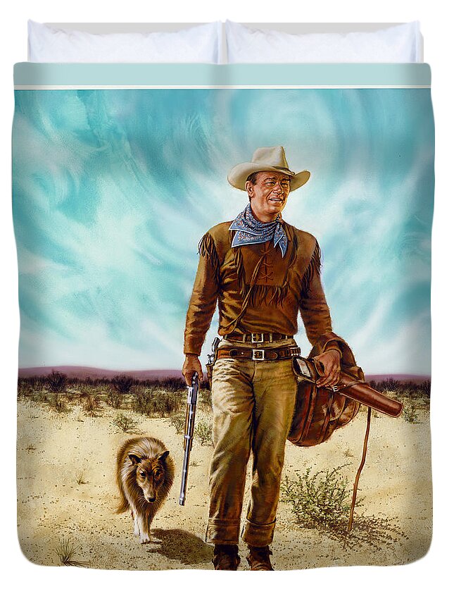 Portrait Duvet Cover featuring the painting John Wayne HONDO by Dick Bobnick