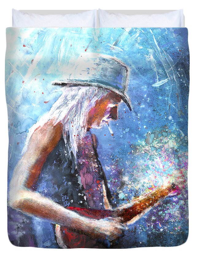 Music Duvet Cover featuring the painting Johnny Winter by Miki De Goodaboom
