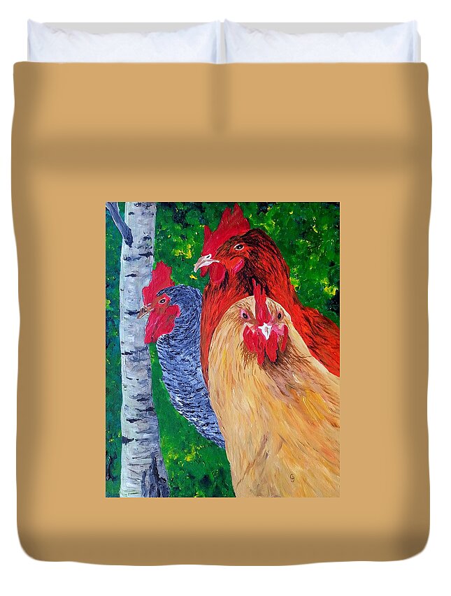 Rooster Paintings Duvet Cover featuring the painting John's Chickens by Cheryl Nancy Ann Gordon