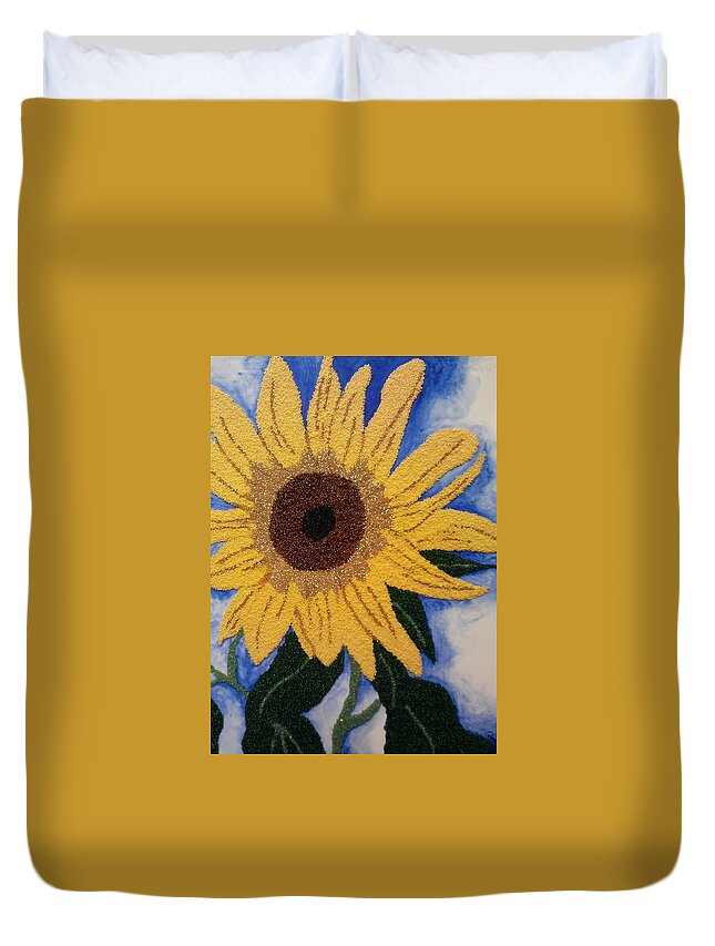 Czech Glass Beads Duvet Cover featuring the painting Joshua's Sunflower by Pamela Henry