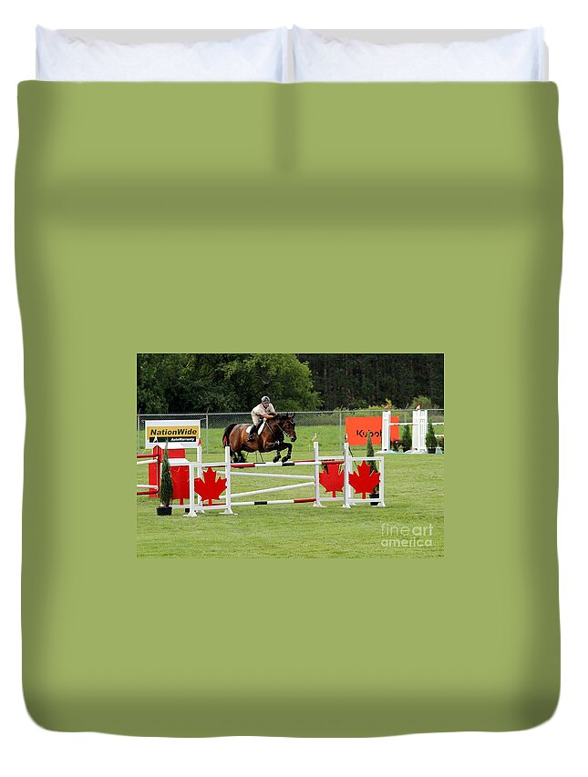 Horse Duvet Cover featuring the photograph Jumping Canadian Fence by Janice Byer