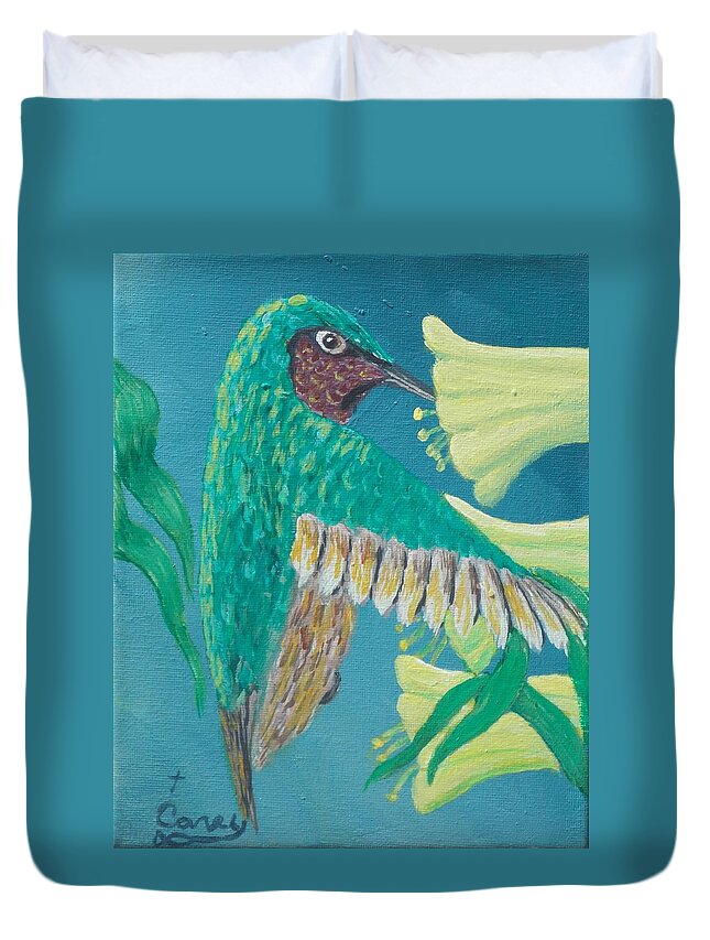 Flowers Bird Painting Duvet Cover featuring the painting Just A Hummingbird by Carey MacDonald